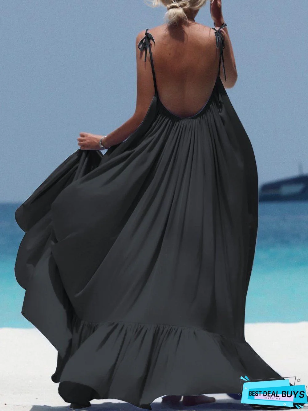 Elegant Spaghetti Strap Flowing Plain Maxi Dress