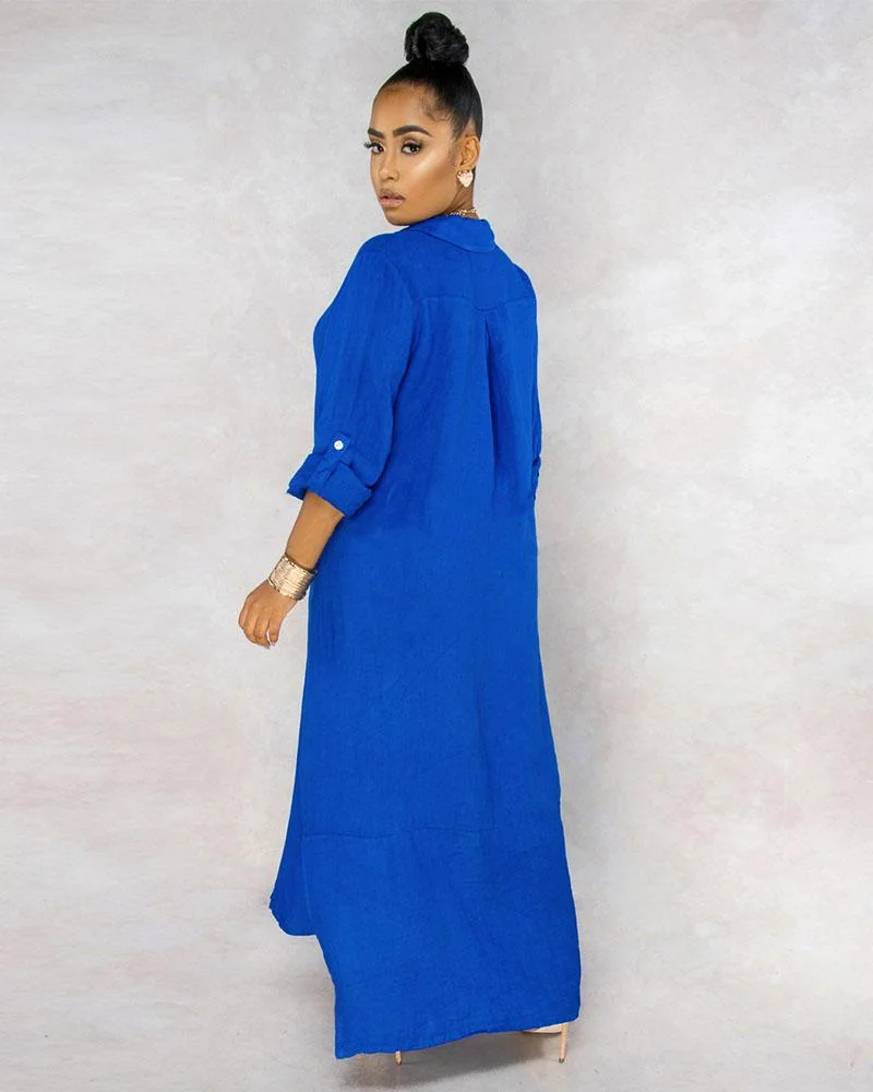 Solid Color Buttons Down Side Slit Shirts Maxi Dresses
