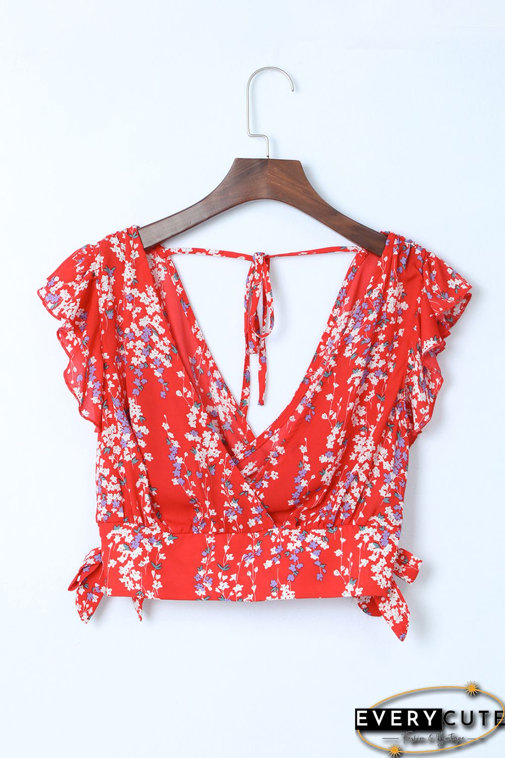 Red Multicolor Floral Ruffled Crop Top and Maxi Skirt Set