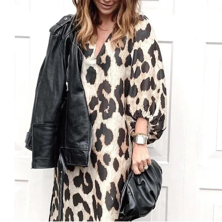 Fashion Leopard Print Loose Lantern Sleeve Dress Long Skirt | EGEMISS