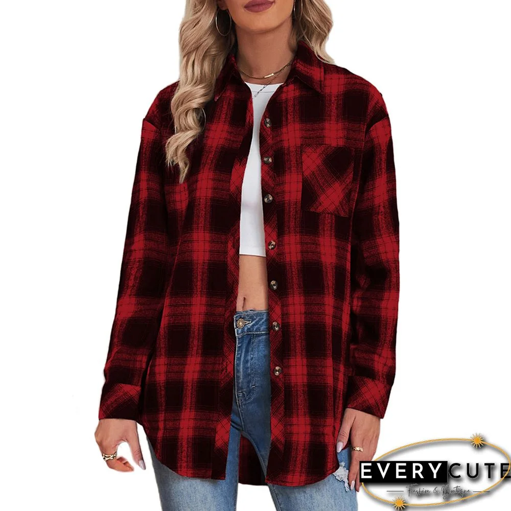 Red Plaid Print Loose Style Lightweight Shirt Jacket
