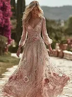 Boho Pink Roses Embroidered Glitter Flowy Linen Maxi Dress