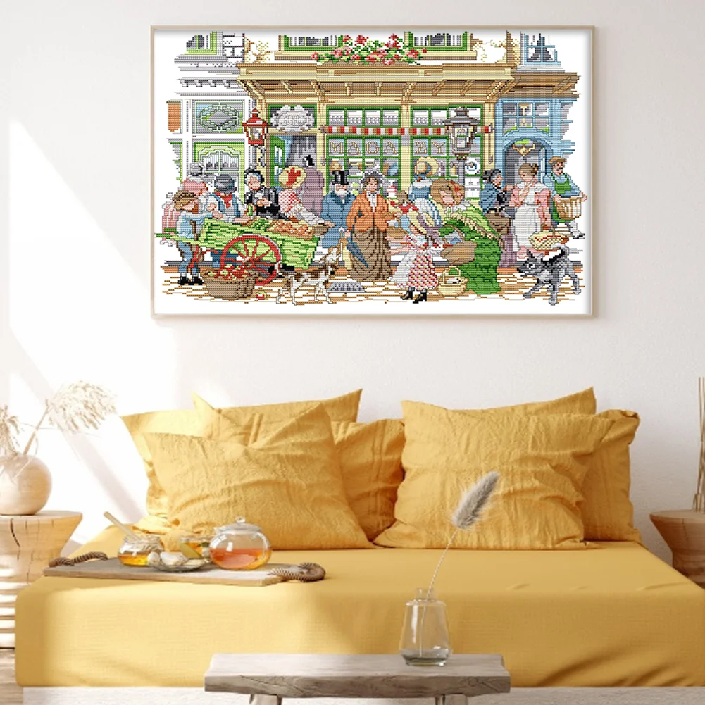 DIY Stamped Cross Stitch 14CT Partial Embroidery 48*36cm - Bustling Street Market