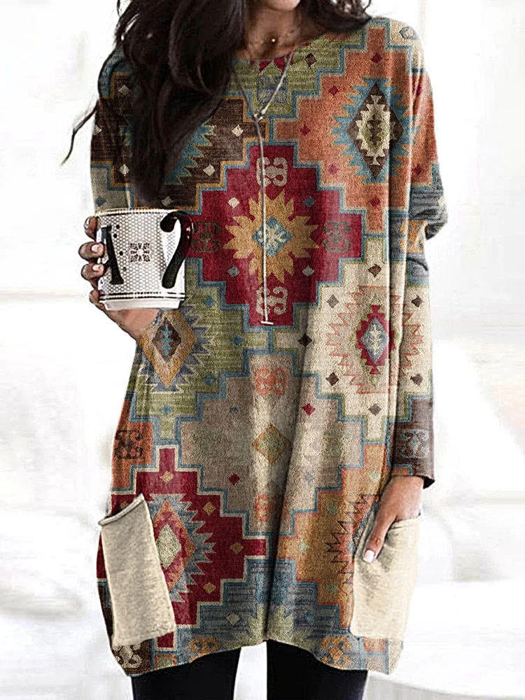 VChics Western Ethnic Print Casual Cozy Long T-Shirt