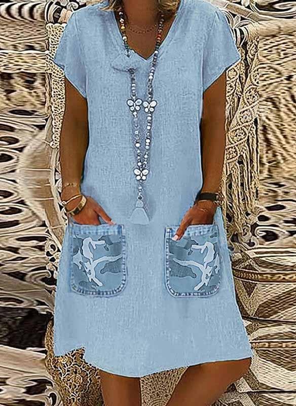 Print/Camouflage Short Sleeves Shift Knee Length Casual/Vacation Tunic Dresses-Mayoulove