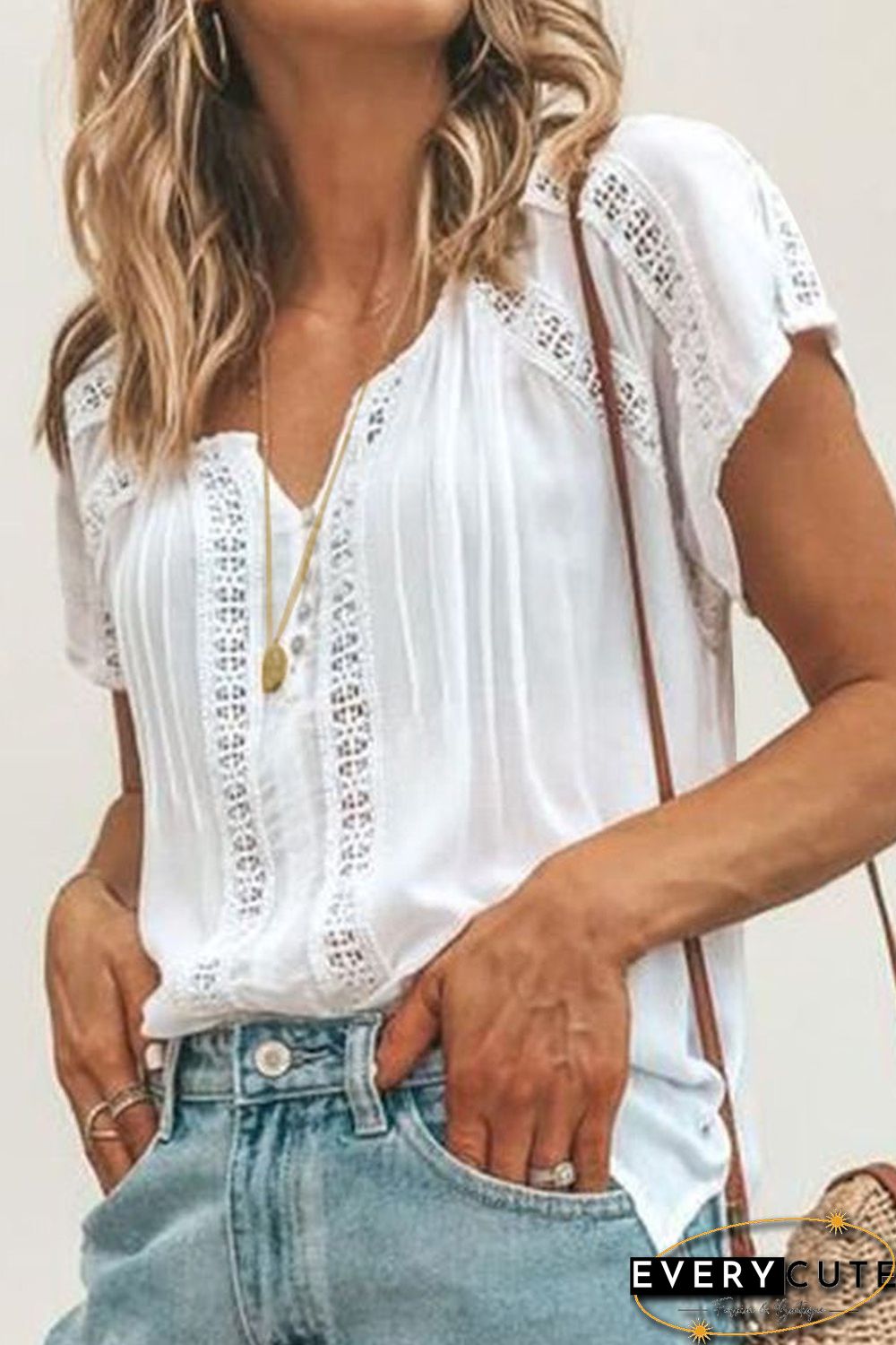 White Crochet Eyelet Short Sleeves Top