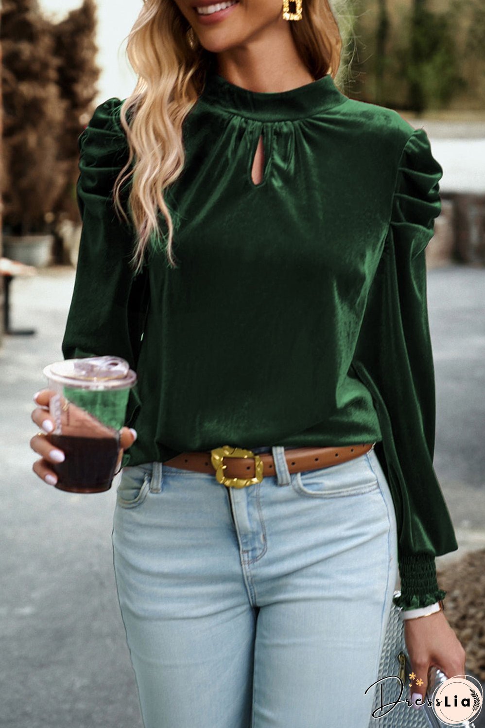 Tie Up Mock Neck Velvet Fabric Long Sleeve Blouse