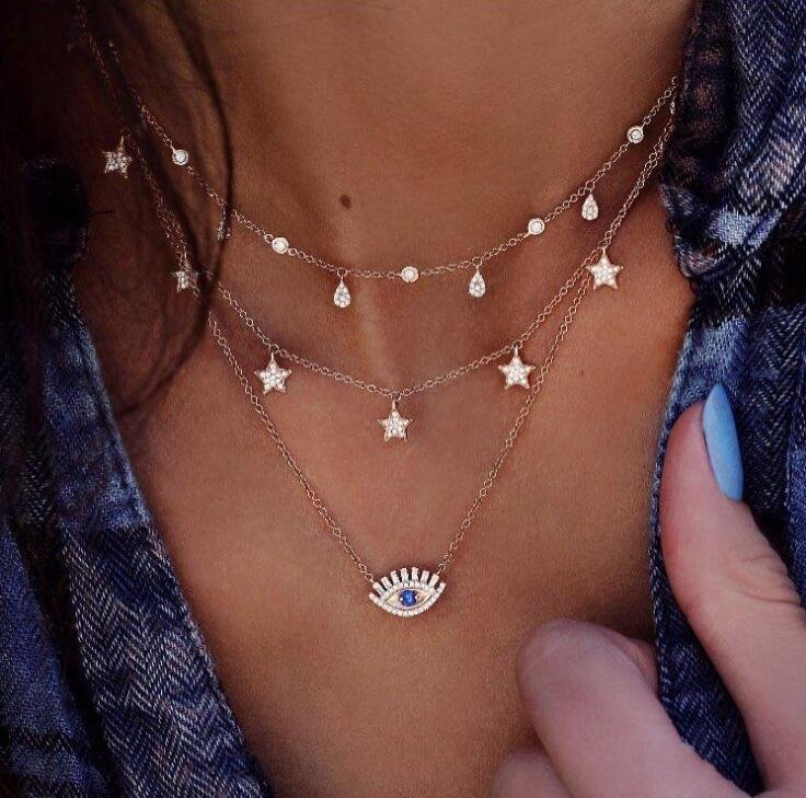 Water drop blue diamond multilayer necklace