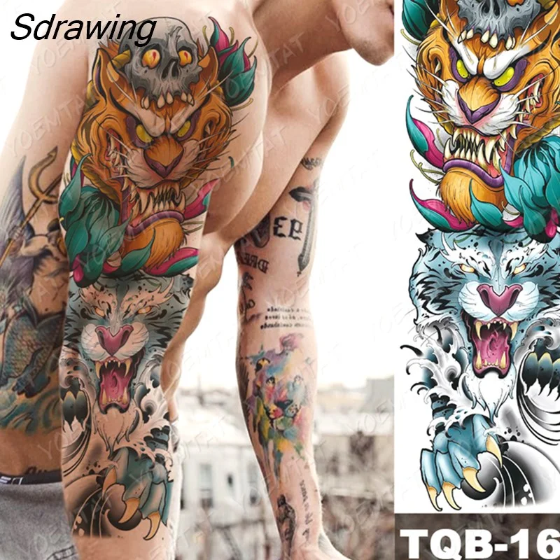 Sdrawing Arm Sleeve Tattoo Tiger Lion Wolf Owl Waterproof Temporary Tatto Sticker Crown Warrior Body Art Full Fake Tatoo Men Women