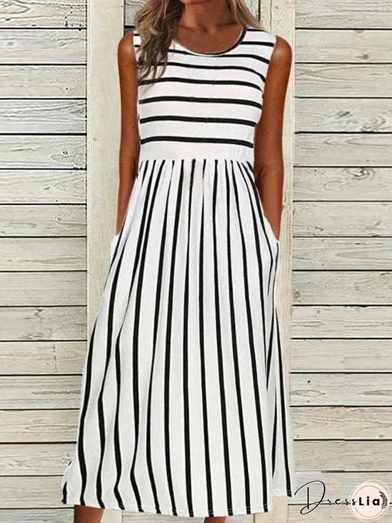 Dresses Striped Print Crew Neck Pocket Sleeveless Dress for Women