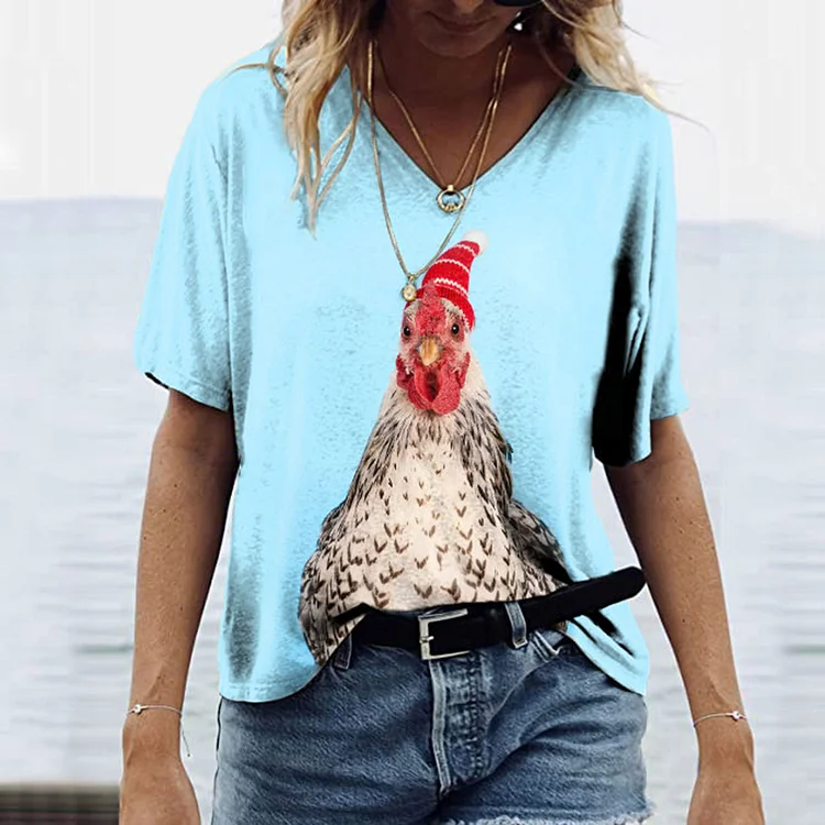 Wearshes Knitted Hat Chicken Print Short Sleeve T-Shirt