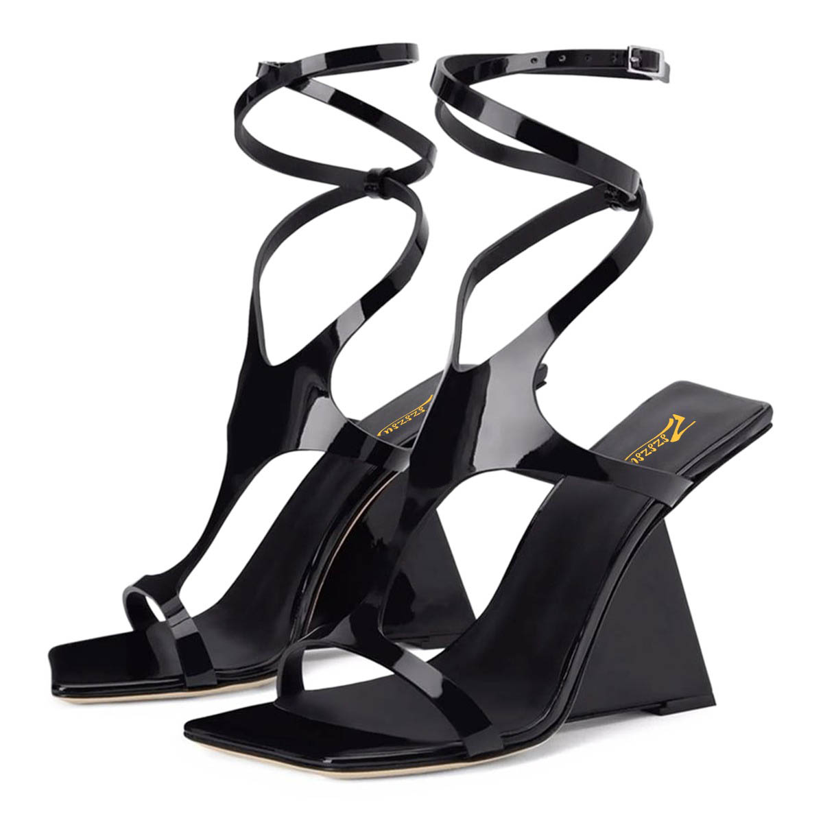 Open Square Toe Patent Leather Black Heels Sandals with Ankle Strap Nicepairs
