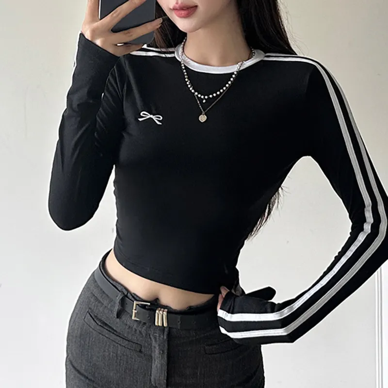 Churchf Churchf Wind Contrast Color Stitching Round Collar Short Sleeve T-Shirt Women's 2024 Summer Bow Embroidered INS New Top