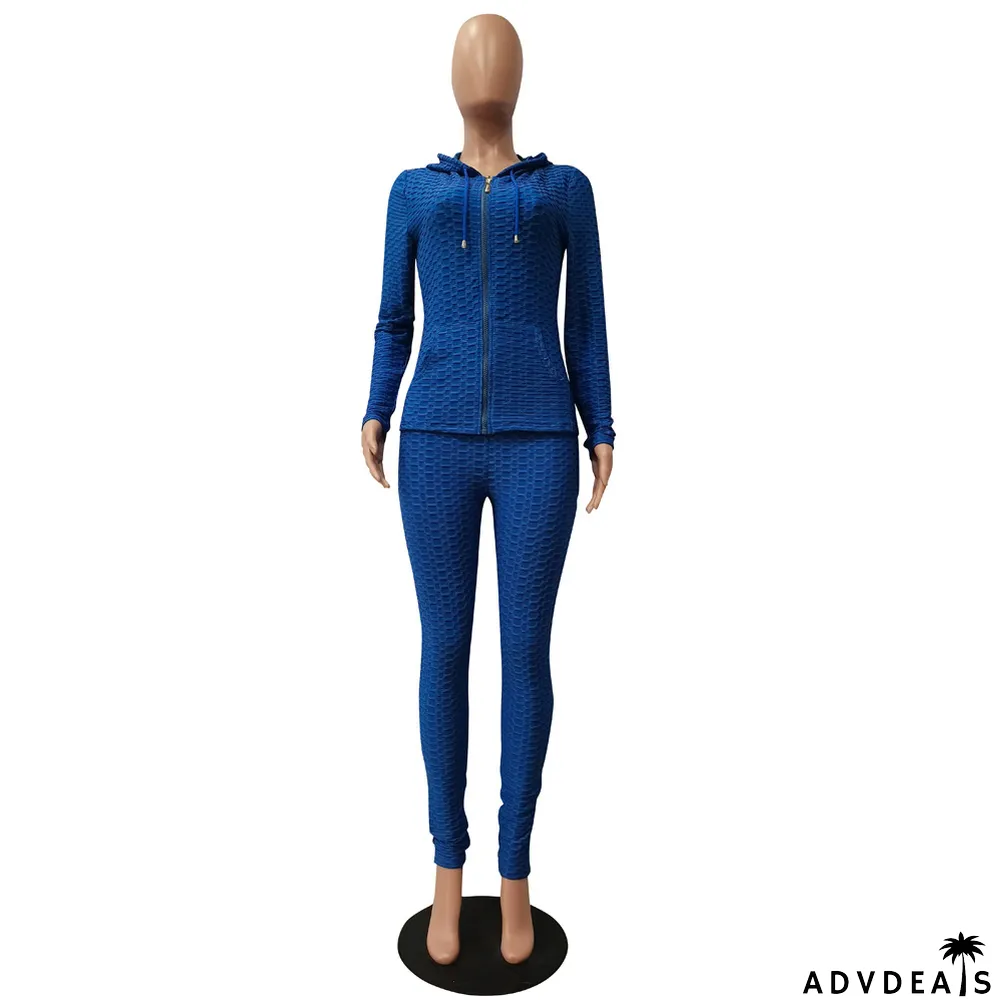 Solid Hooded Long Sleeve Zipper 2 Piece Pants Set