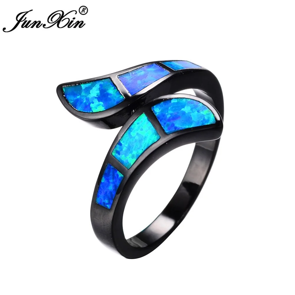 JUNXIN Ocean Blue Opal Ring Vintage Wedding Engagement Rings For Couples Fashion Jewelry Brand Geometric Design Women Ring