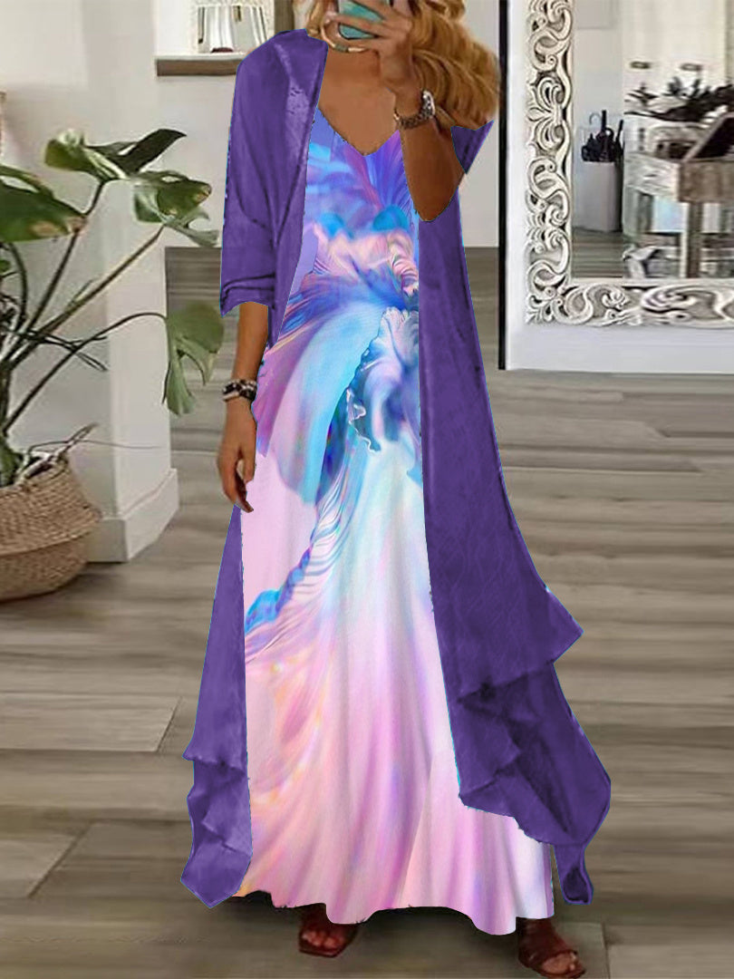 Women's Long Sleeve V-neck Colorblock Graphic Printed Two Pieces Maxi Dress