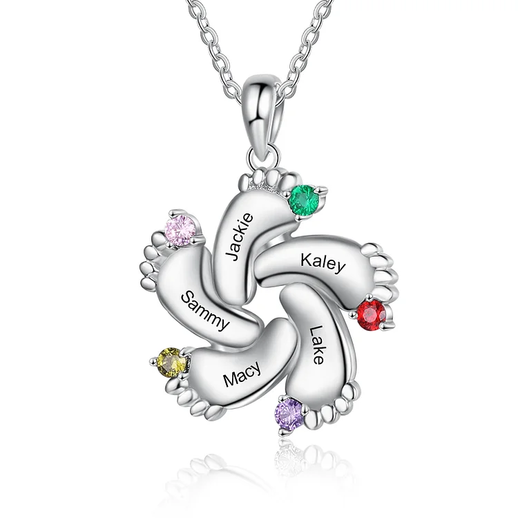 Personalised Baby Foot Necklace With 5 Birthstones Engraved Names Gift For Mother