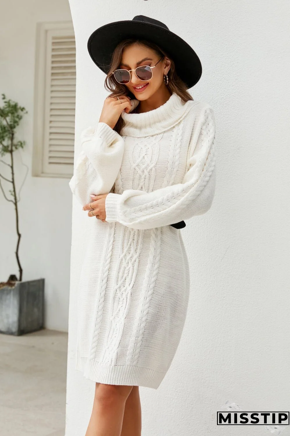 Woven Right Mixed Knit Turtleneck Lantern Sleeve Sweater Dress