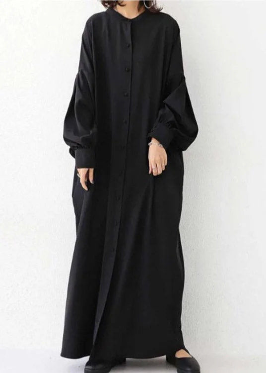 Vogue Black O-Neck Button Maxi Dress Long Sleeve