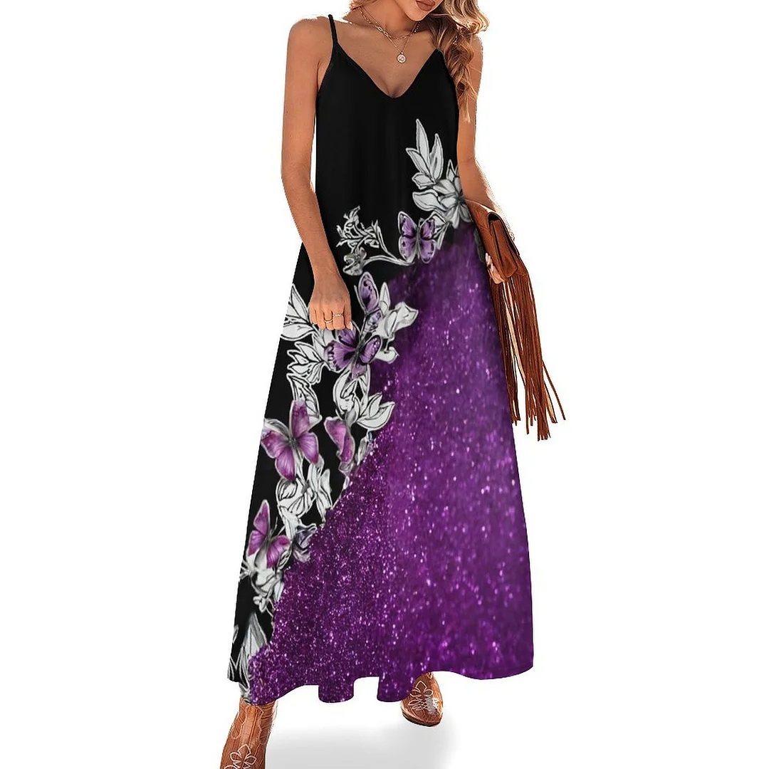 Style & Comfort for Mature Women Plus Size Printed Sling Casual Women Maxi Dress in Pattern Purple, Butterfly, Glitter, Black