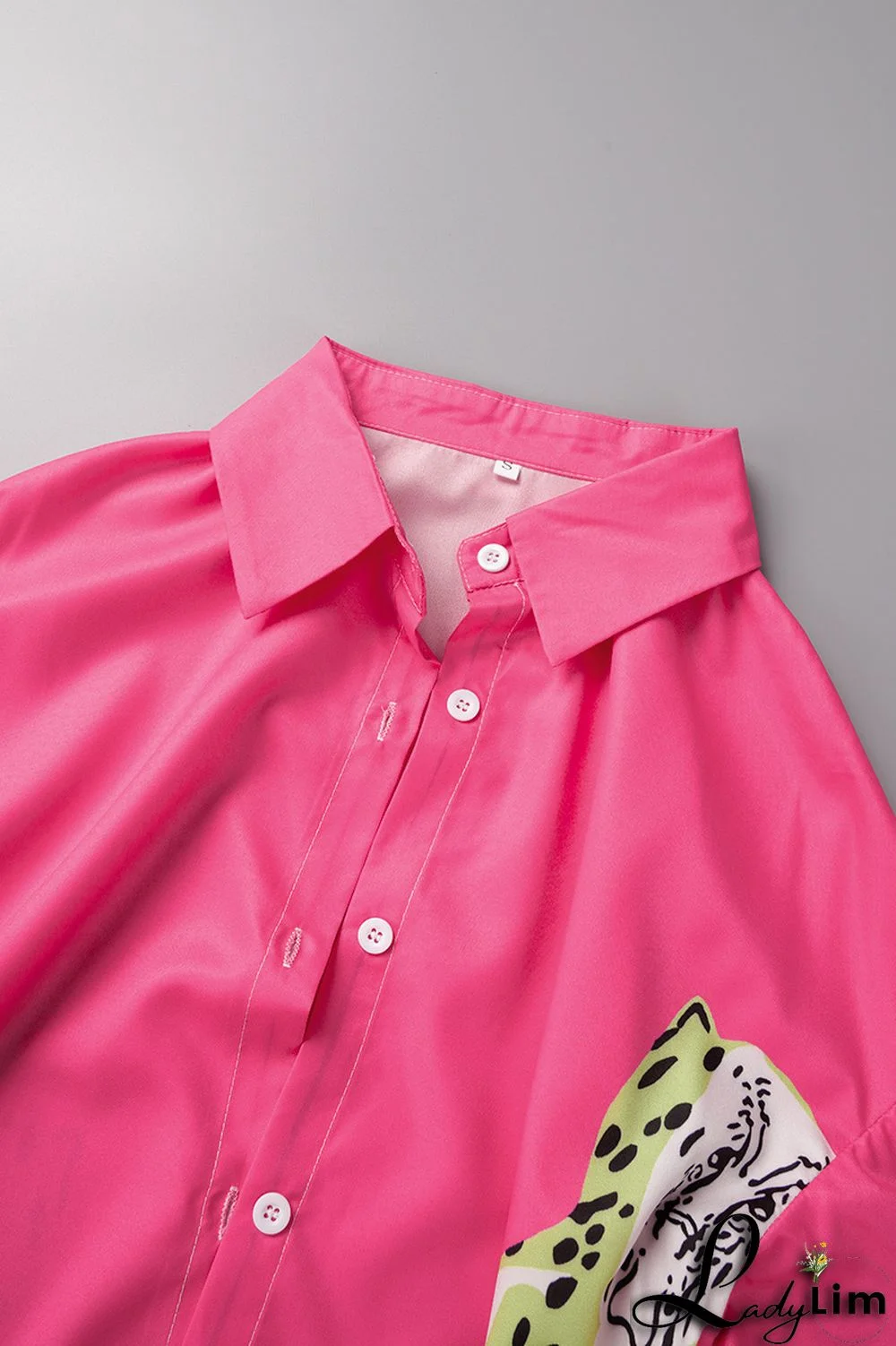 Rose Red Casual Street Print Patchwork Buckle Turndown Collar Tops