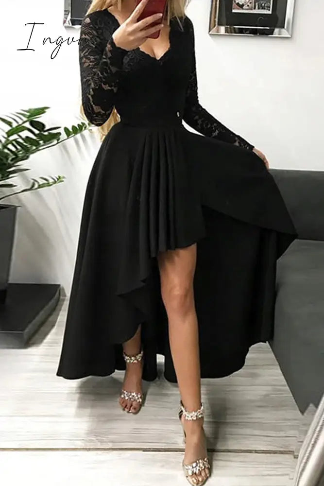 Ingvn - Celebrities Elegant Patchwork Lace Solid Color V Neck A Line Dresses Black / S Dresses/Party