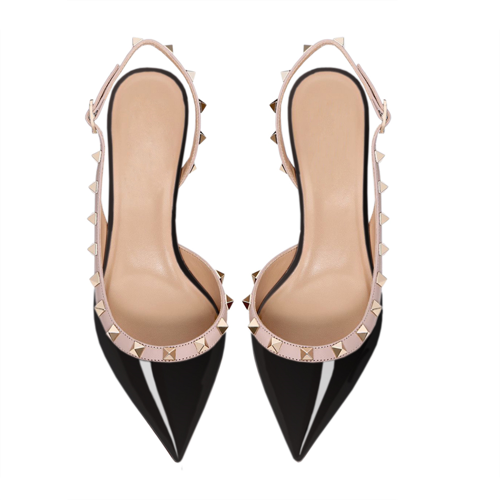 60mm Women's Midd Heels Pumps Rivets Buckle Closure Black Sandals-vocosishoes