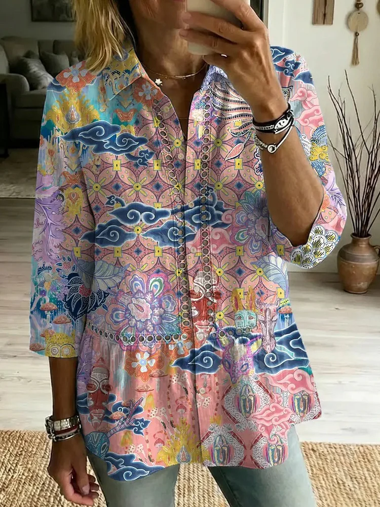 Women's Retro Art Print Casual Lapel Cotton Shirt