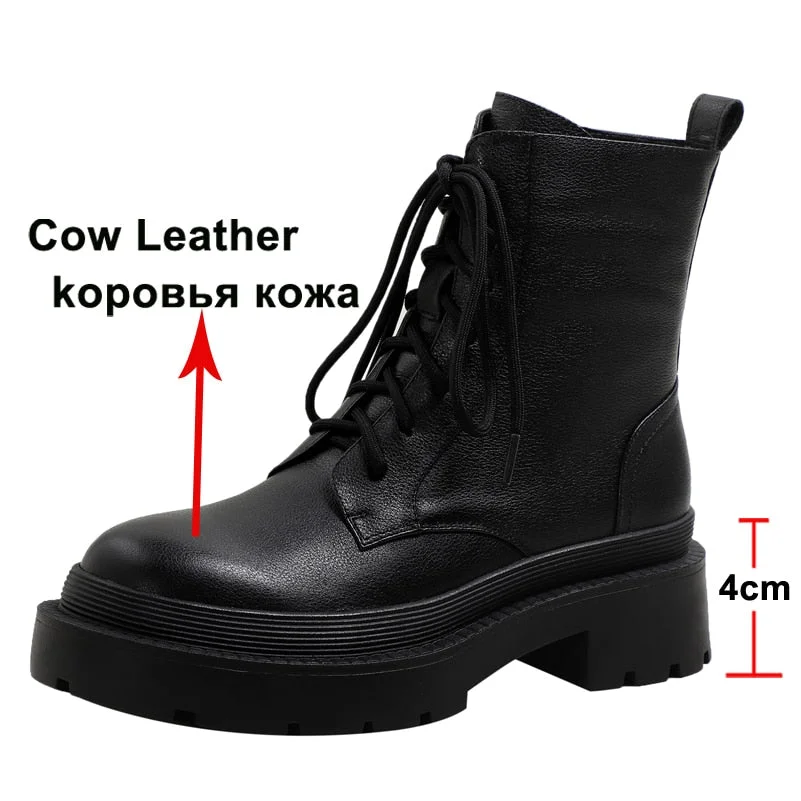Meotina Women Shoes Genuine Leather Motorcycle Boots Thick Med Heel Boots Round Toe Zipper Lady Footwear Autumn Winter 40 Beige
