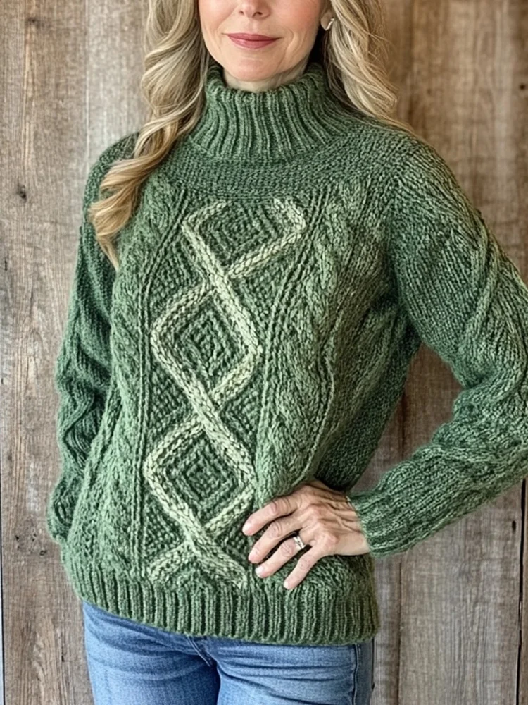 Vintage Celtic Jacquard Contrast Color Cozy Turtleneck Sweater