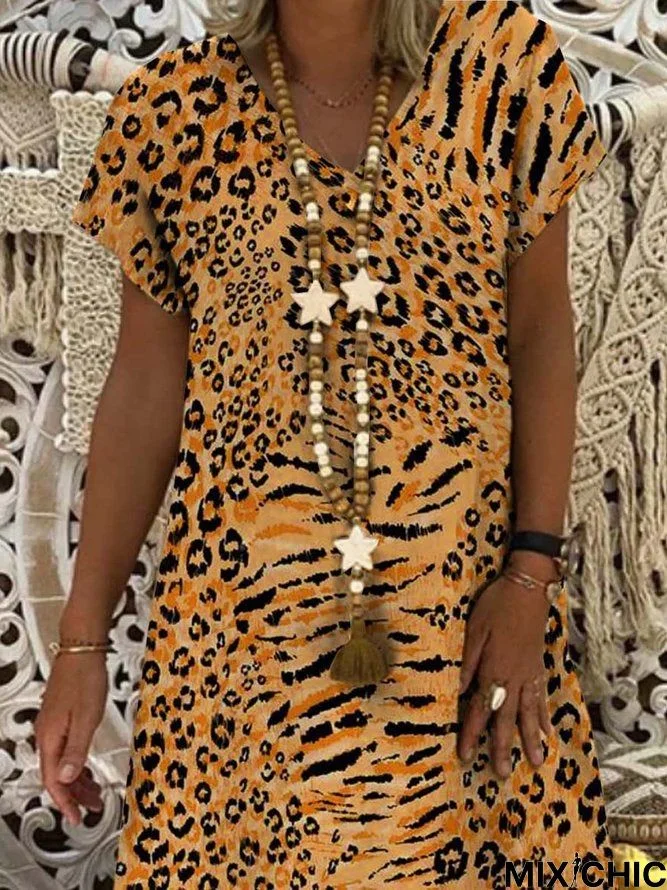 Leopard Short Sleeve Printed Polyester V Neck Vintage Summer Orange Dress