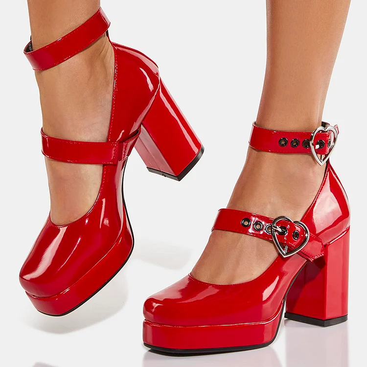 Red Square Toe Platform Mary Janes Patent Leather Chunky Heels |FSJ Shoes