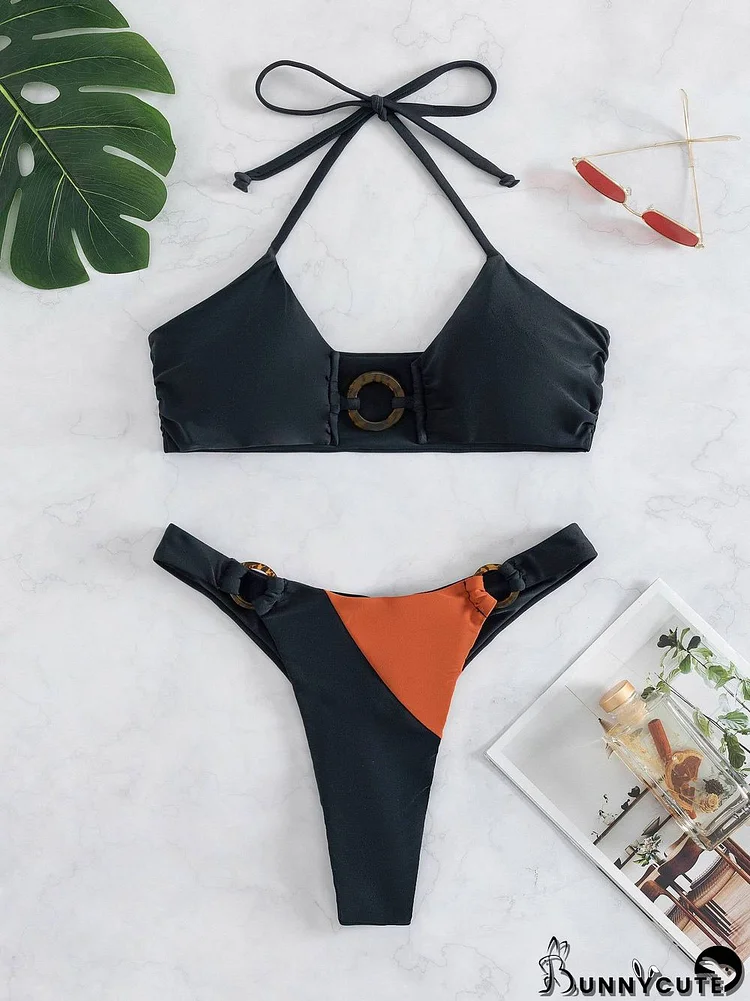 Colorblock Halter Lace-up Bikini Set