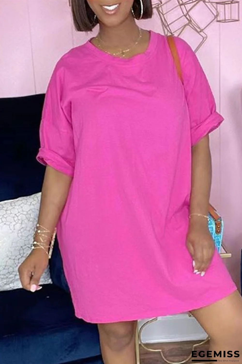 Pink Fashion Casual Solid Basic O Neck Short Sleeve Dresses | EGEMISS