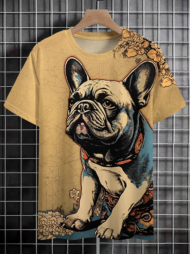 Men's Bulldog Flowers Art Print Casual T-Shirt
