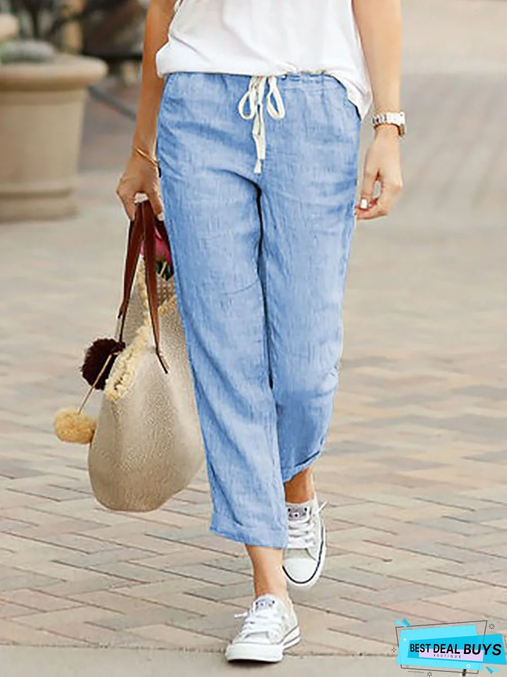 zolucky Summer Capri Pants Pockets Drawstring Casual Pants
