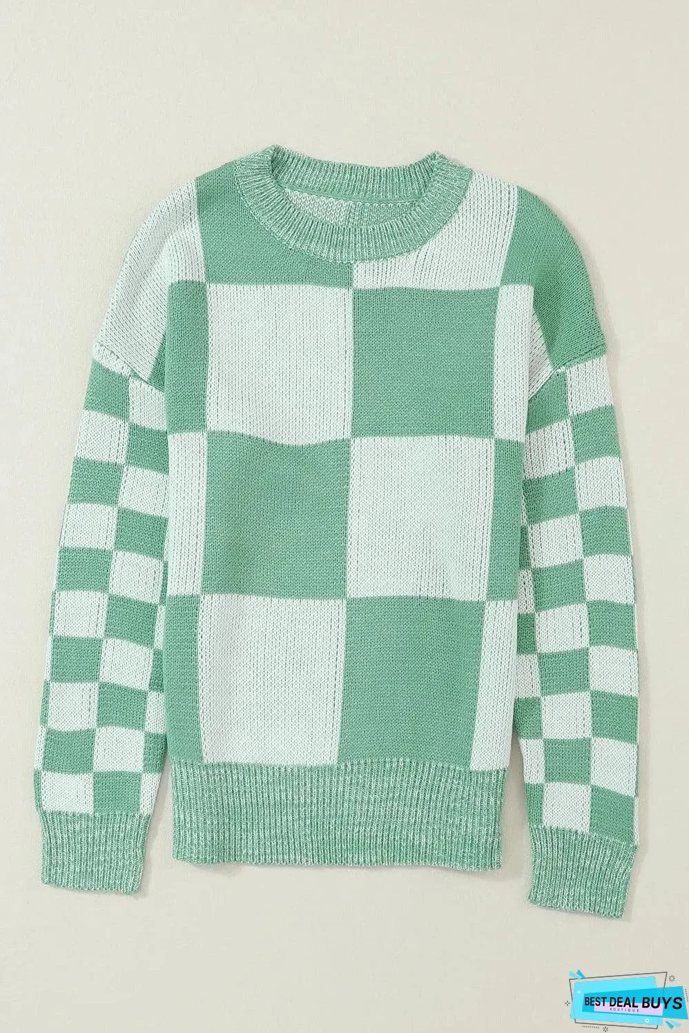 Mint Green Checkered Print Drop Shoulder Sweater