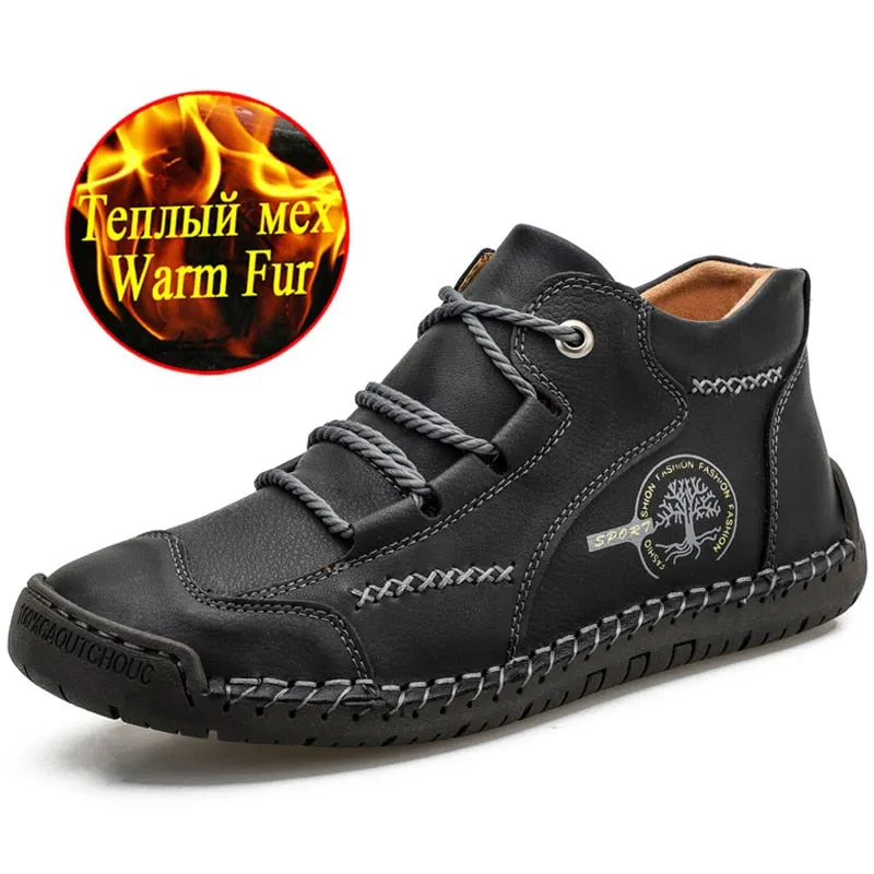 Winter Warm Boots Men's Leather Waterproof Ankle Boots Fashion Warm Fur Men's Snow Boots Outdoor Non-slip Men's Motorcycle Boots