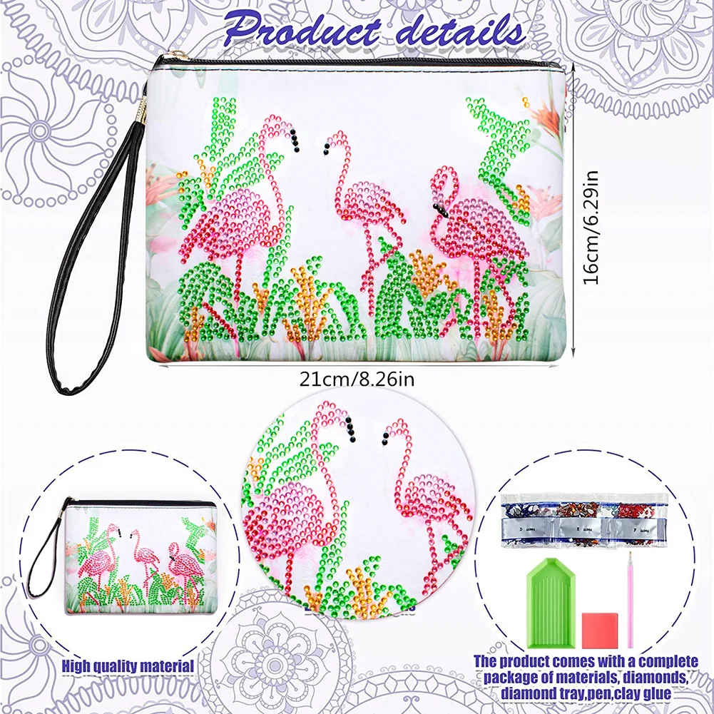 DIY Flamingo Diamond Art Cosmetic Bag Flowers Single Sided PU Women Clutch