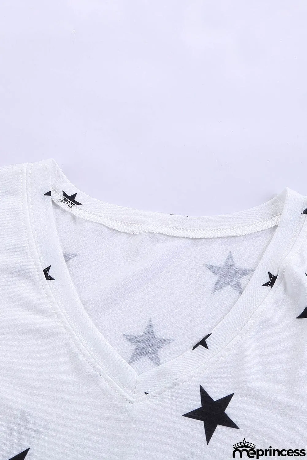 V Neck Stars Print Gray T-shirt