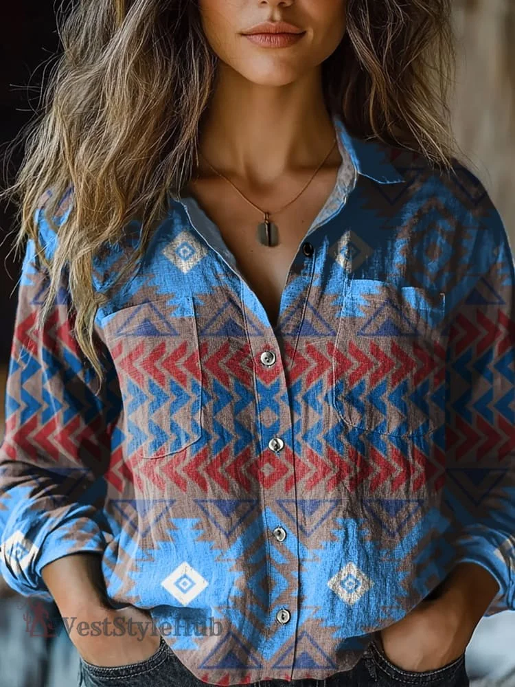 Womens Vintage Blue Aztec Art Print Casual Long Sleeve Comfortable Cotton Shirt
