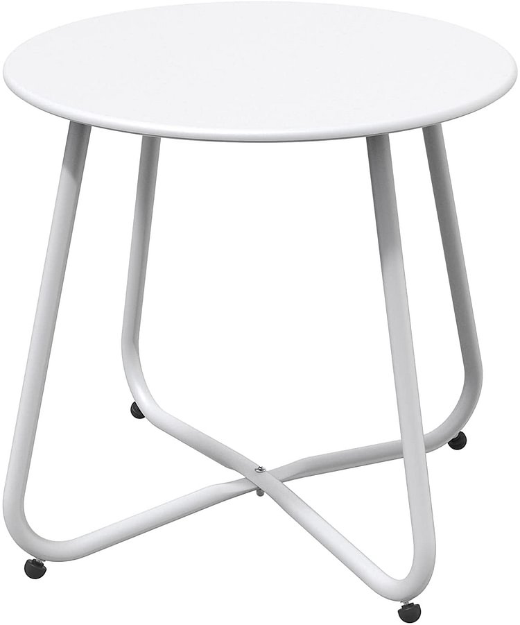 Steel Patio Side Table, Weather Resistant Outdoor Round End Table (White)