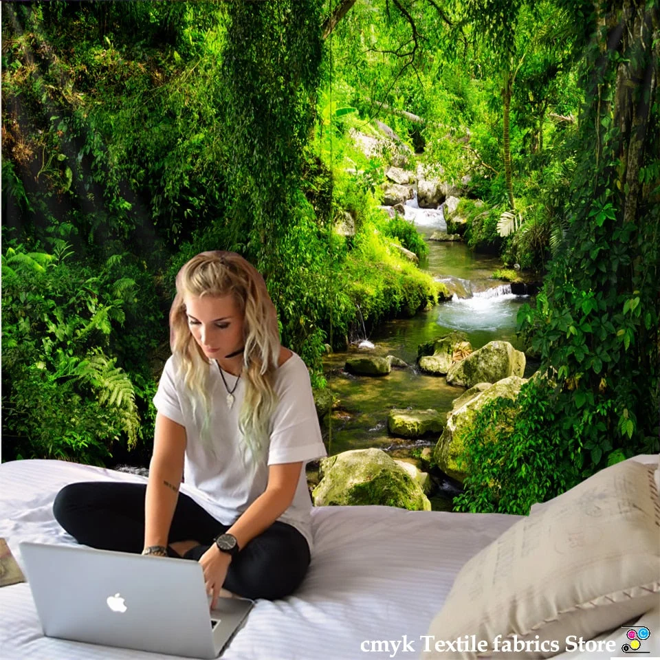 Forest Stream Tapestry Wall Hanging Sandy Beach Picnic Rug Camping Tent Sleeping Pad Home Decor Bedspread Sheet Wall Cloth