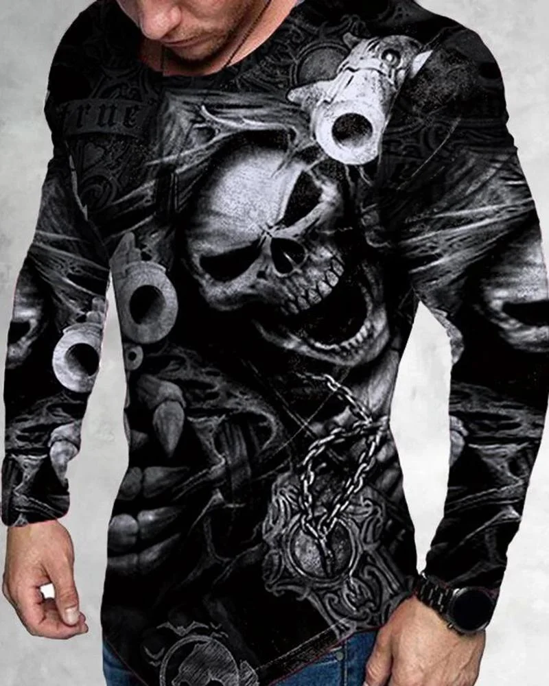 Men's Skull Gradient Printed Long Sleeve T-shirt
