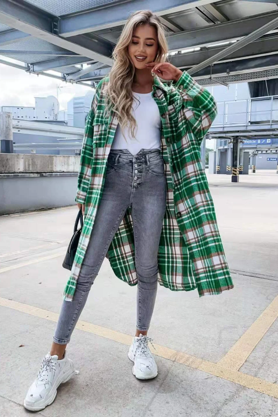 Long Plaid Single-breasted Lapel Shirt Jacket Women 2023 New coats