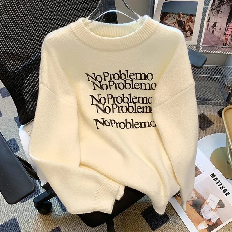 Churchf Churchf Style Letter Print Head Sweater Female Autumn Winter Show Thin Loose Lazy Casual Sense Sweater Top