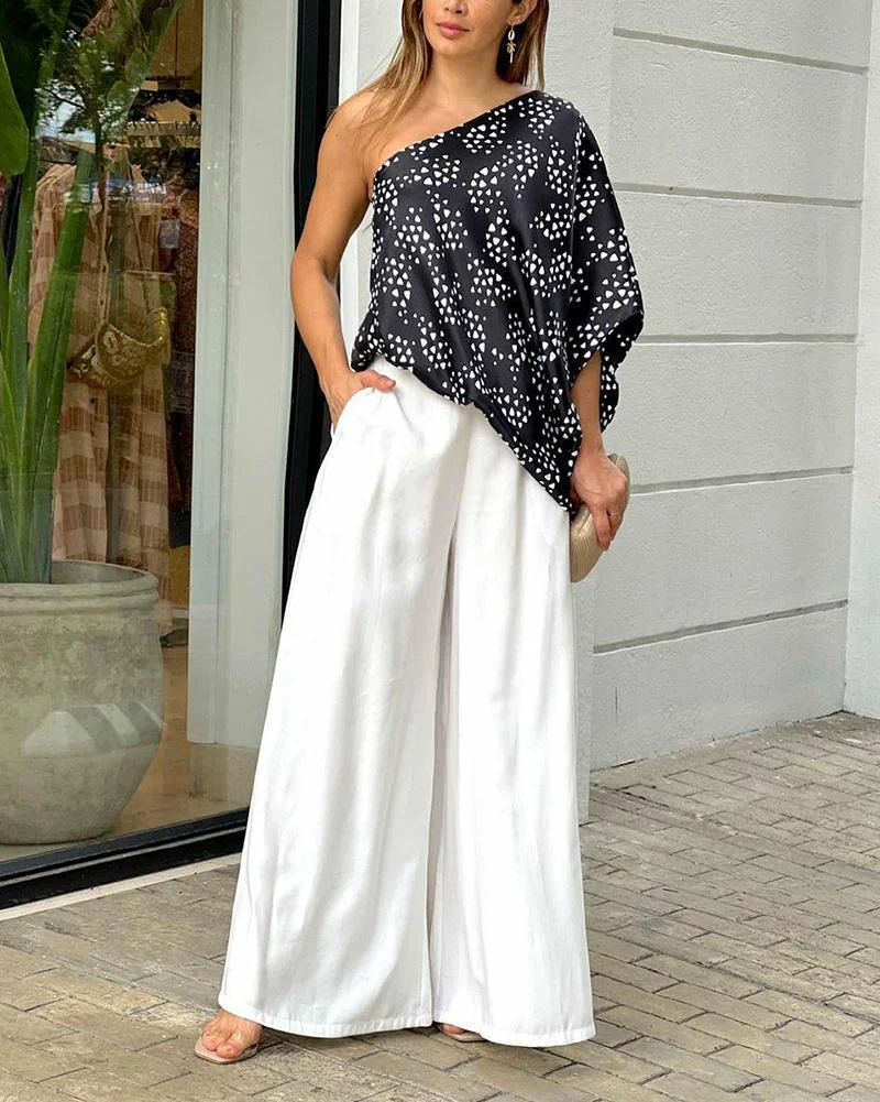 Two-piece set of casual printed sloping top & solid wide-leg pants