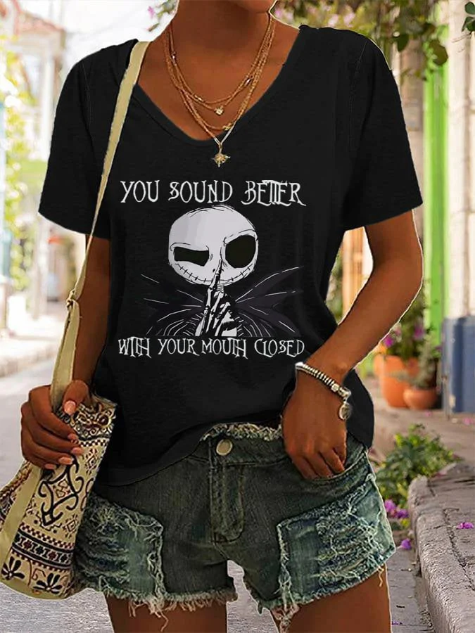 Women's Halloween You Sound Better With Your Mouth Closed Print Casual T-Shirt