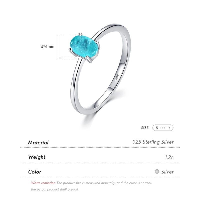 Simple S925 Sterling Silver Egg-shaped Imitation Paraiba Tourmaline Ring Female