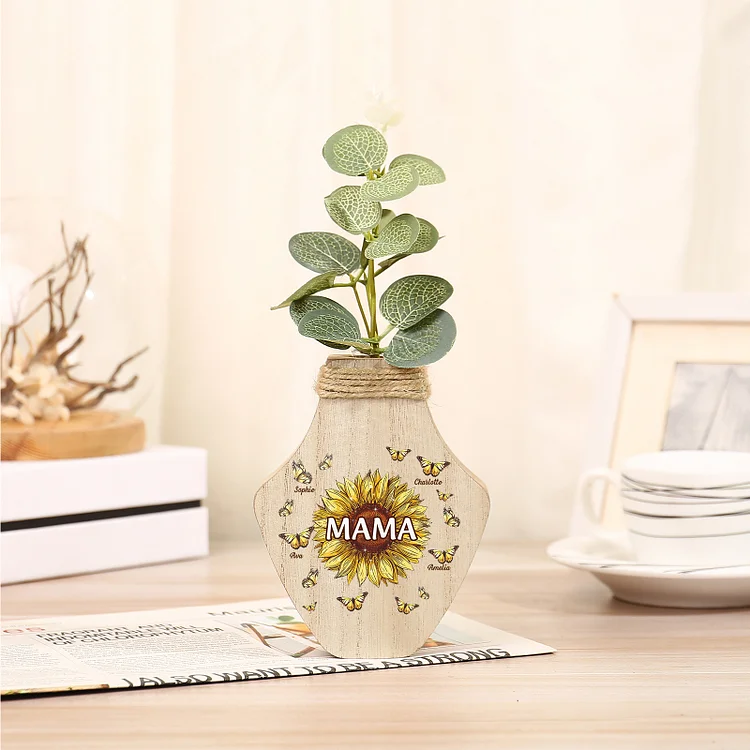 Kettenmachen Holz Personalisierte 4 Namen & Text Sonnenblume Vase